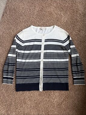 LOFT Navy and White Striped Button-Up Cardigan Size M